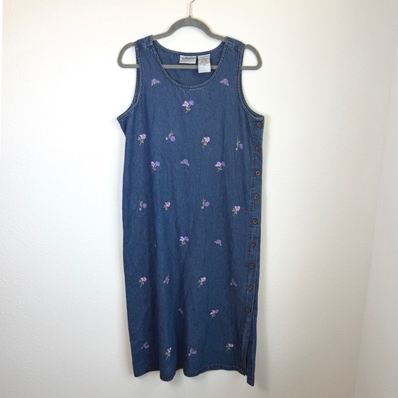 erika collection Dresses & Skirts - Vtg Denim Floral Embroidered Midi Dress Womens Petite Large Granny Cottagecore